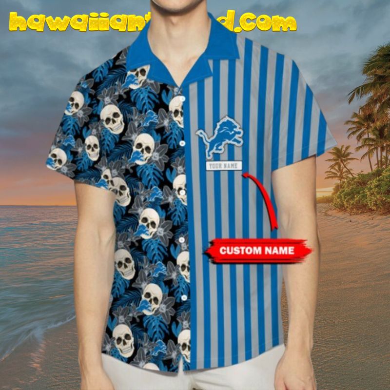 Custom Name Detroit Lions Skull Stripe Hawaiian Shirt