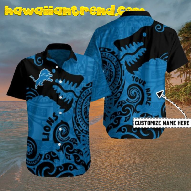 Custom Name Detroit Lions Tribal Wave Hawaiian Shirt