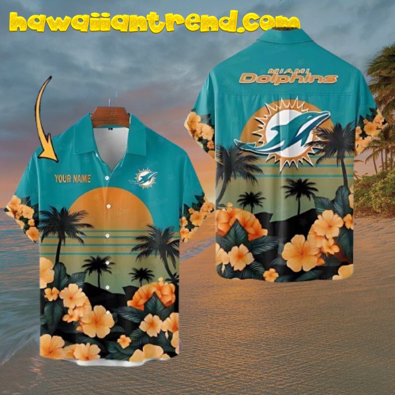 Custom Name Miami Dolphins Sunset Hibicus Paradise Hawaiian Shirt