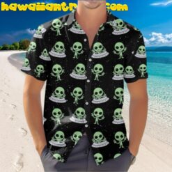 Cute Alien On The UFO Smiling Friendly Aloha Hawaiian Shirts