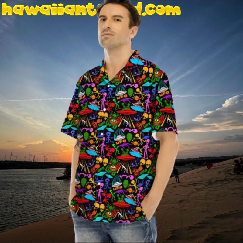 Funny Aliens UFO Colorful Print Pattern Hawaiian Shirt
