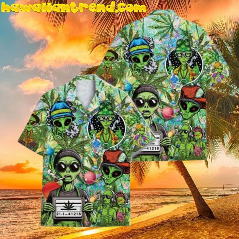 Funny Green Marijuana Alien Smoking Hawaiian Shirt For Men