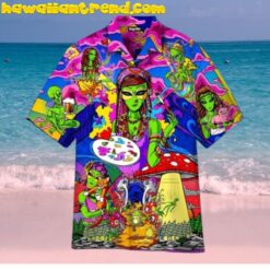 Hippie Alien Paint The World UFO Mushroom Hawaiian Shirt