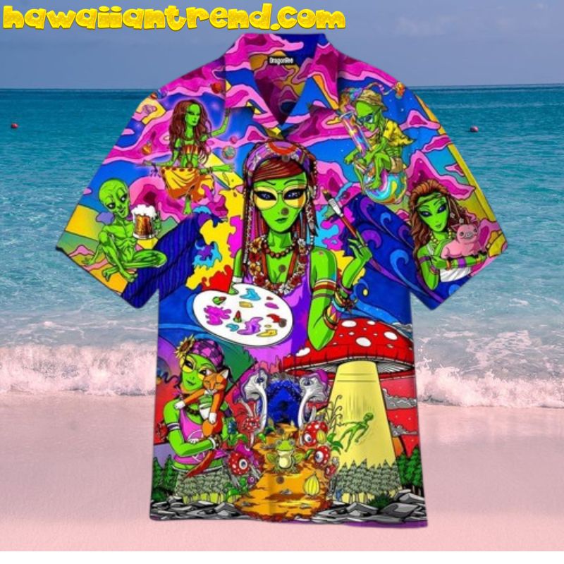 Hippie Alien Paint The World UFO Mushroom Hawaiian Shirt