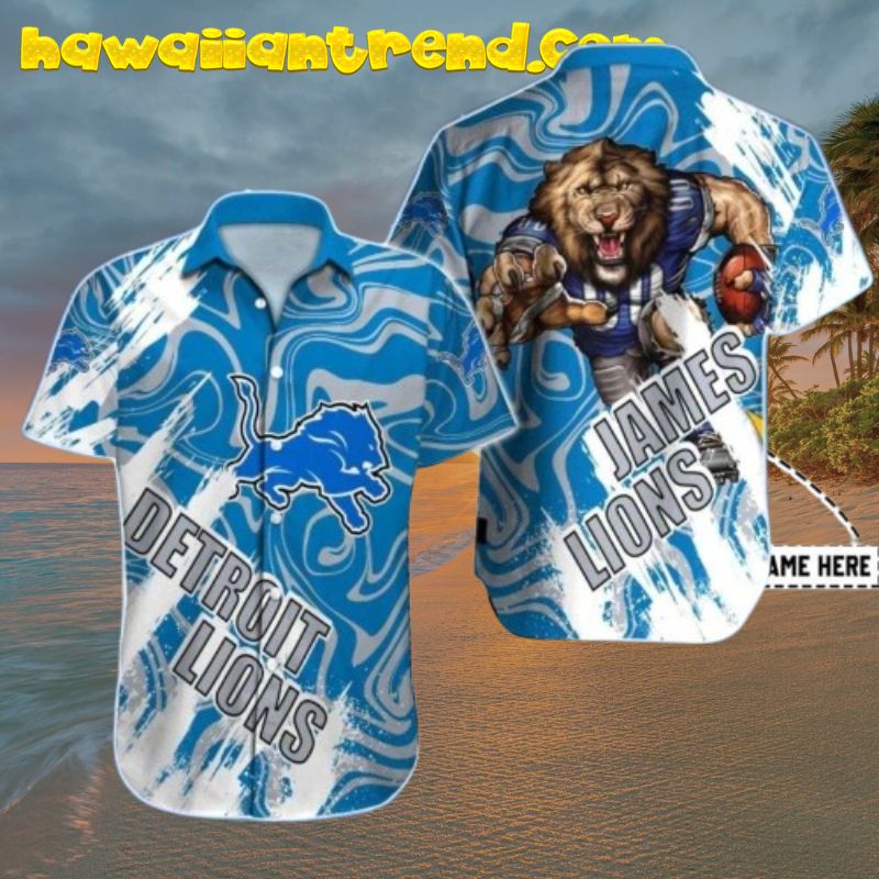Roaring Detroit Lions Blue Wave Hawaiian Shirt