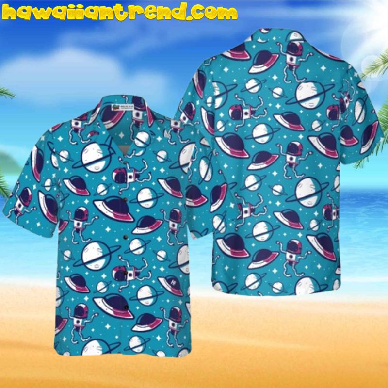 Space Ship UFO Astronaut Cartoon Hawaiian Shirt