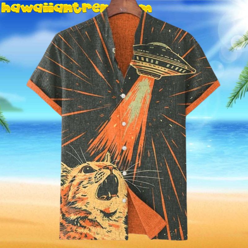 The Cat Meets UFO Retro Vintage Style Hawaiian Shirt The Cat Meets UFO Retro Vintage Style Hawaiian Shirt