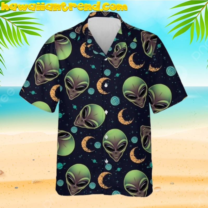 UFO Aliens Crescent Moon Button Down Mens Hawaiian Shirts