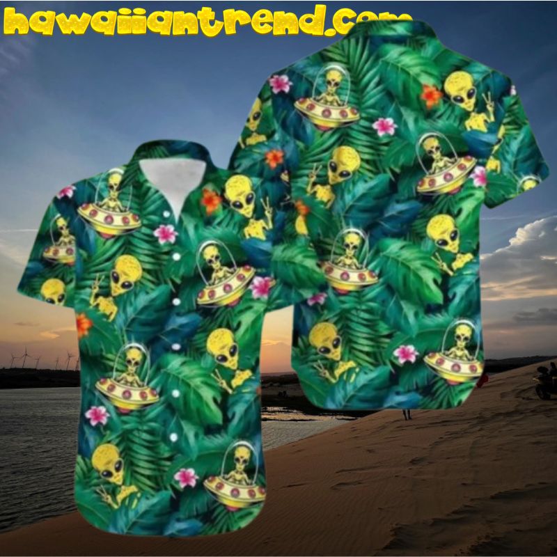 Yellow Alien UFO Tropical Green Leaf Pattern Hawaiian Shirt