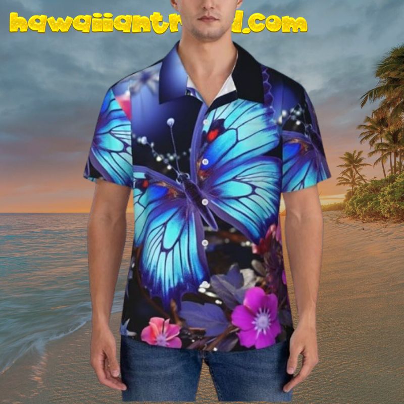 Beauty Blue Butterfly Tropical Flower Short Sleeve Summer Hawaiian Shirt