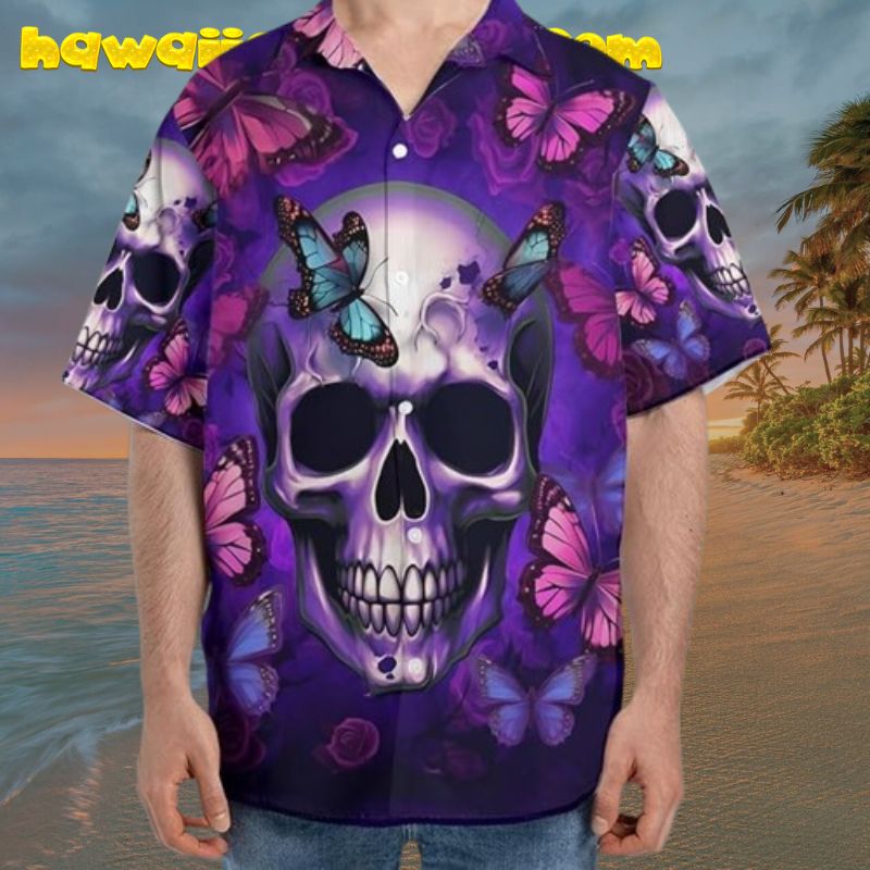 Blue And Purple Butterfly Skull Hawaiian Shirt