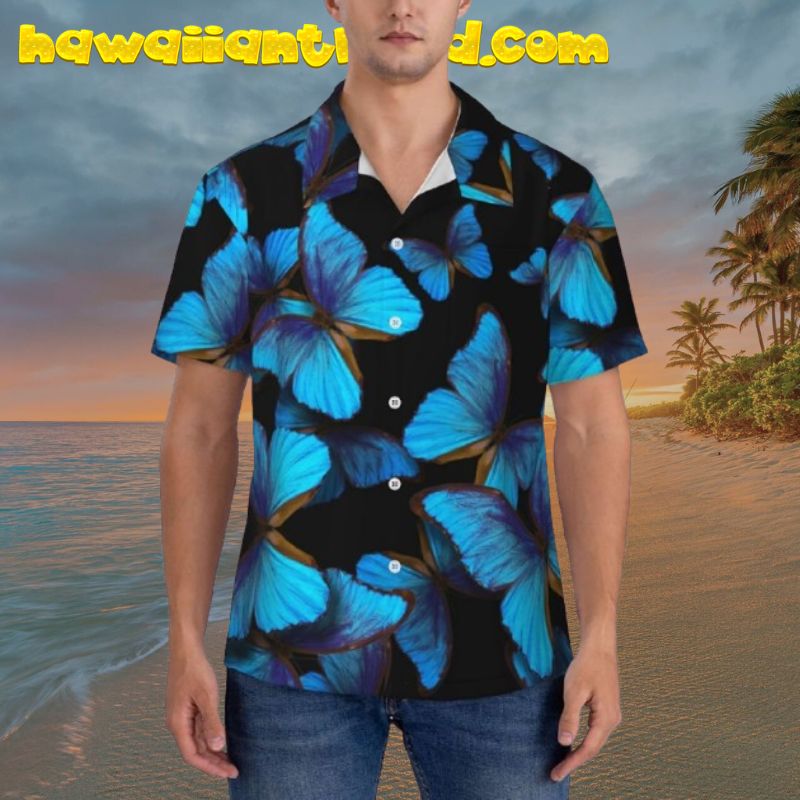 Blue Butterfly Black Theme Hawaiian Shirt