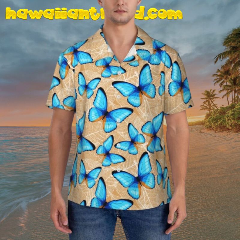 Blue Butterfly Dry Leaves Mens Hawaiian Shirt