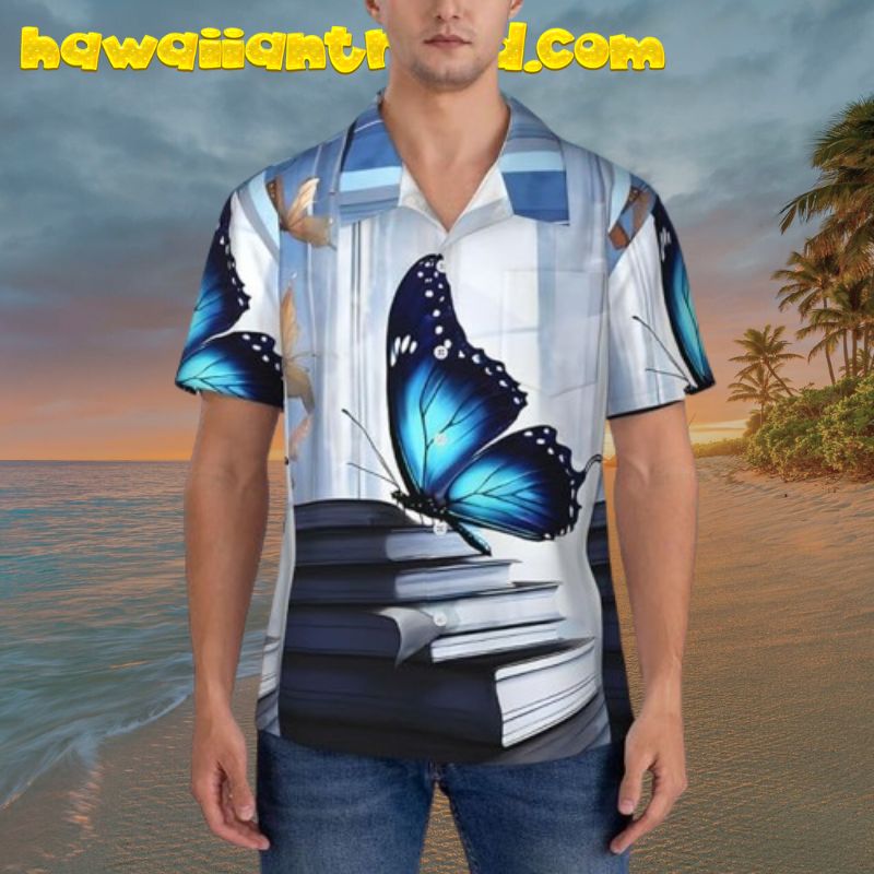 Blue Butterfly Love Book Men’s Hawaiian Shirt