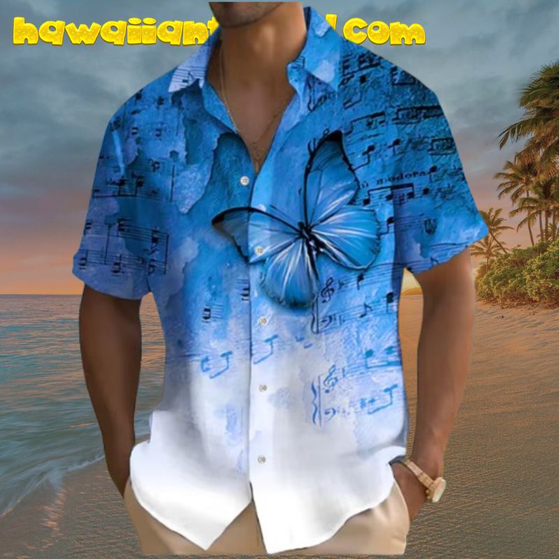 Blue Butterfly Musical Note Pattern Printing Hawaiian Shirt