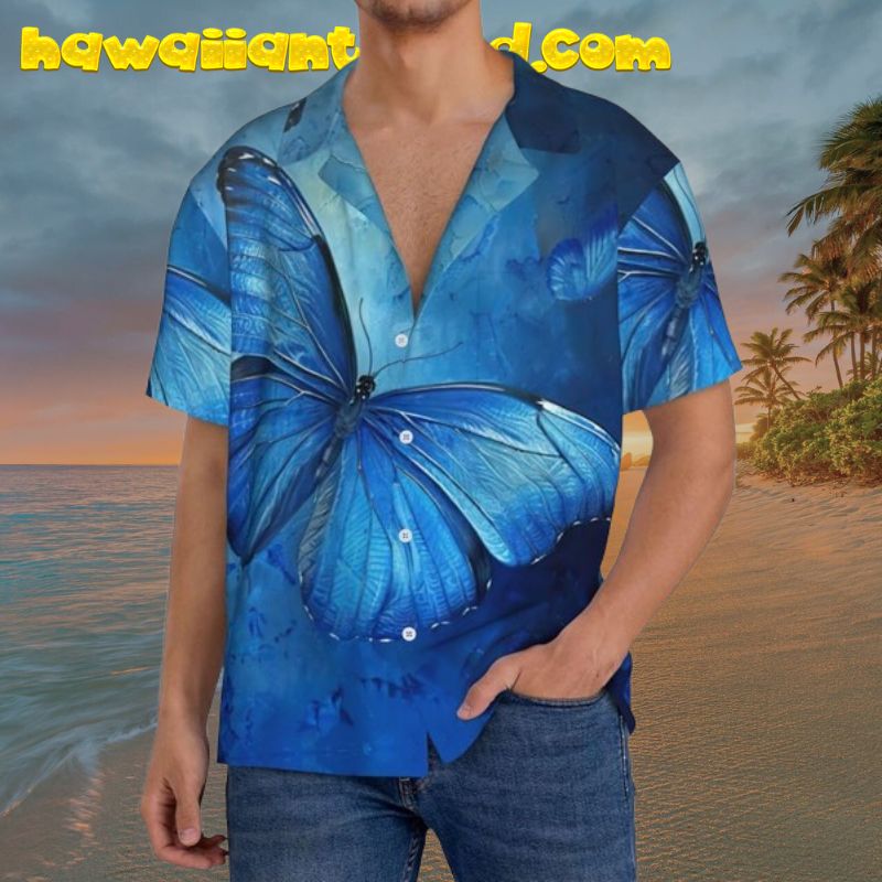 Blue Butterfly Musical Note Pattern Printing Hawaiian Shirt