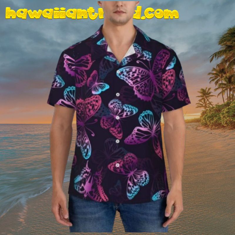 Blue Purple Butterfly Dark Theme Hawaiian Shirt for Men