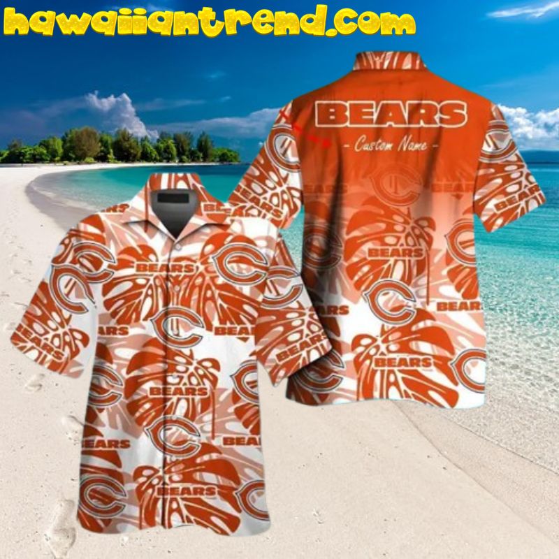 Custom Name Chicago Bears Orange Theme Monstera Button Up Tropical Hawaiian Shirt