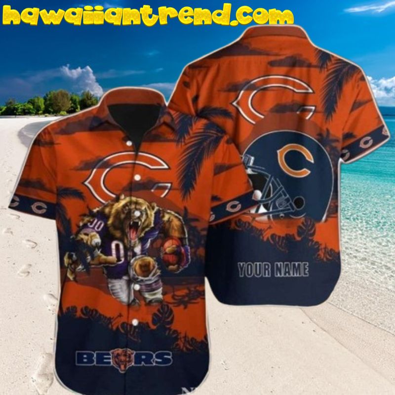Custom Name Summer Sunset Chicago Bears Palm Mascot Hawaiian Shirt