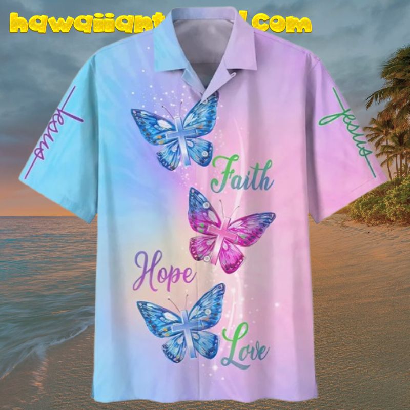 Faith Hope Love Butterfly Blue Hawaiian Shirt