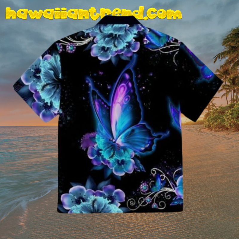 Galaxy Blue Butterfly Hibicus Hawaiian Shirt