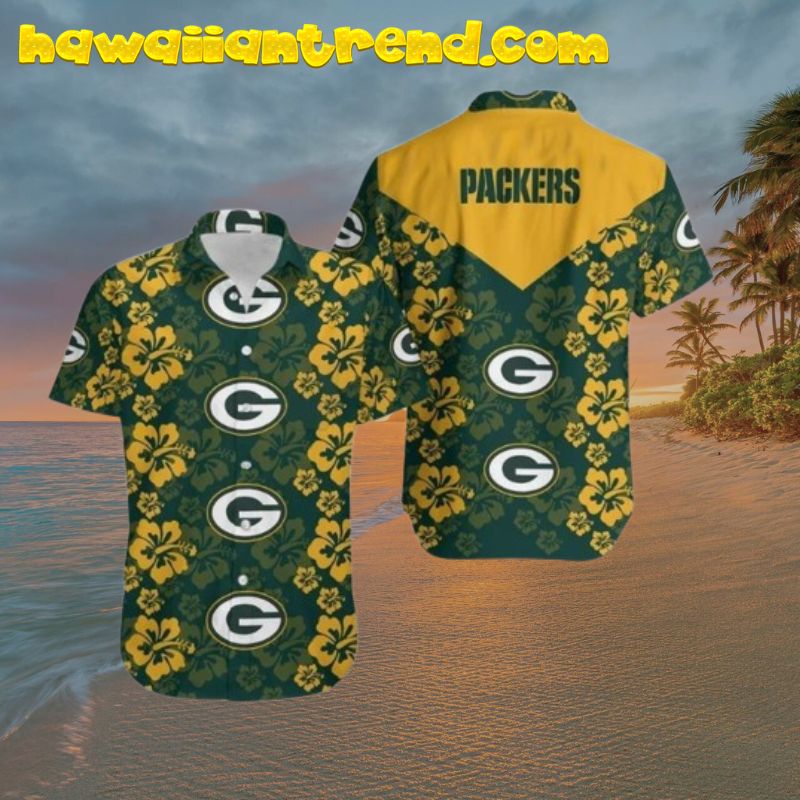 Green Bay Packers Hibiscus Logo Straight Hawaiian Shirt