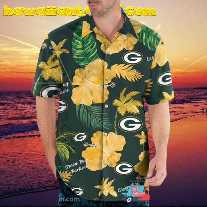 Green Bay Packers NFL Tropical Hibiscus Coconut Pattern Hawaiian Shirt