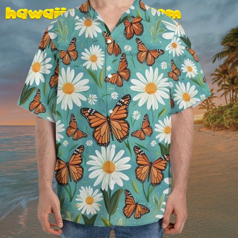 Orange Butterfly Daisy Flower Hawaiian Shirt