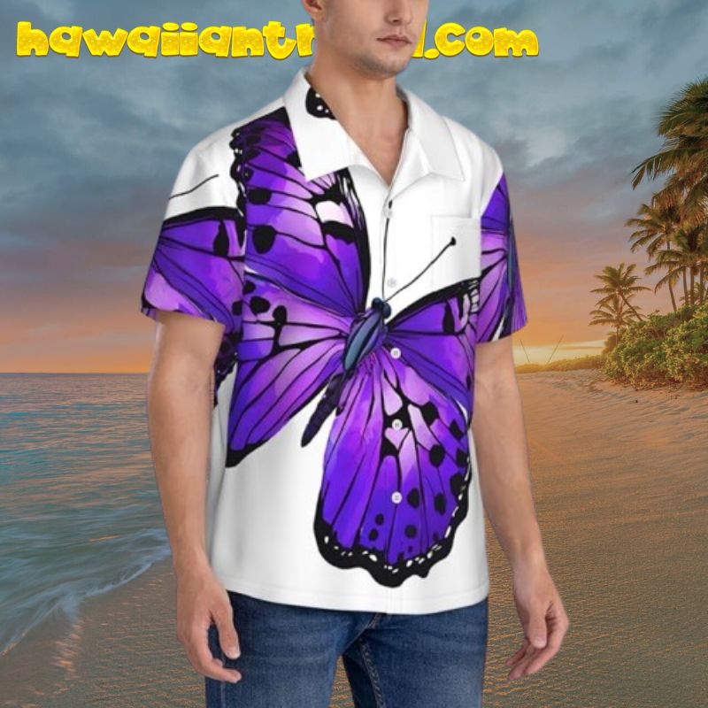 Purple Butterfly White Theme Hawaiian Shirt