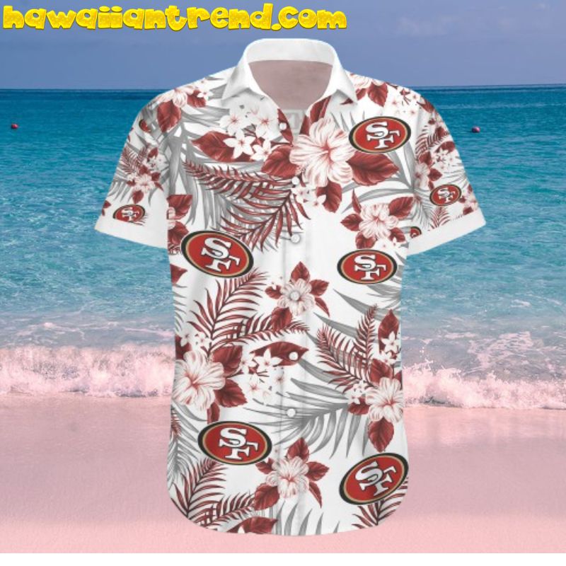 San Francisco 49ers Hibicus Palm Leaf White Theme Hawaiian Shirt