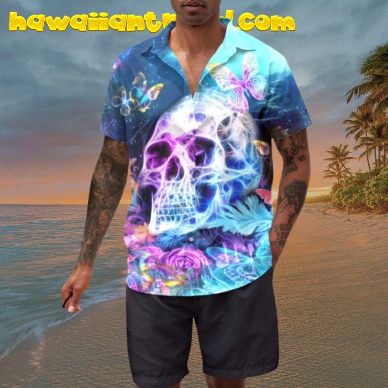 Skull Blue Butterfly 3D Printed Aloha Hawaiian Shirt