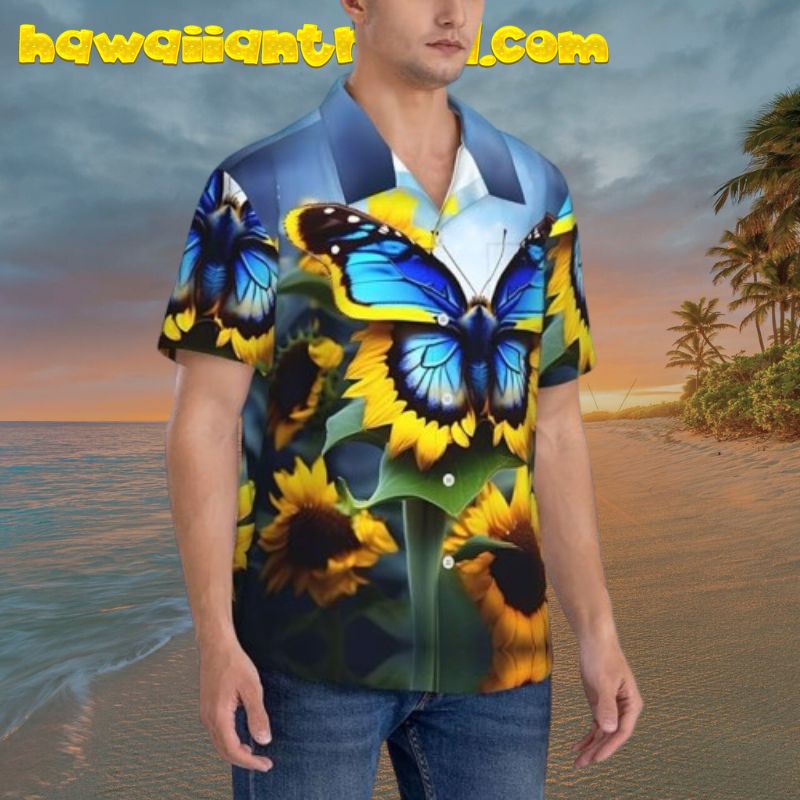 Sunflower Blue Butterfly Short Sleeve Hawaiian Shirt