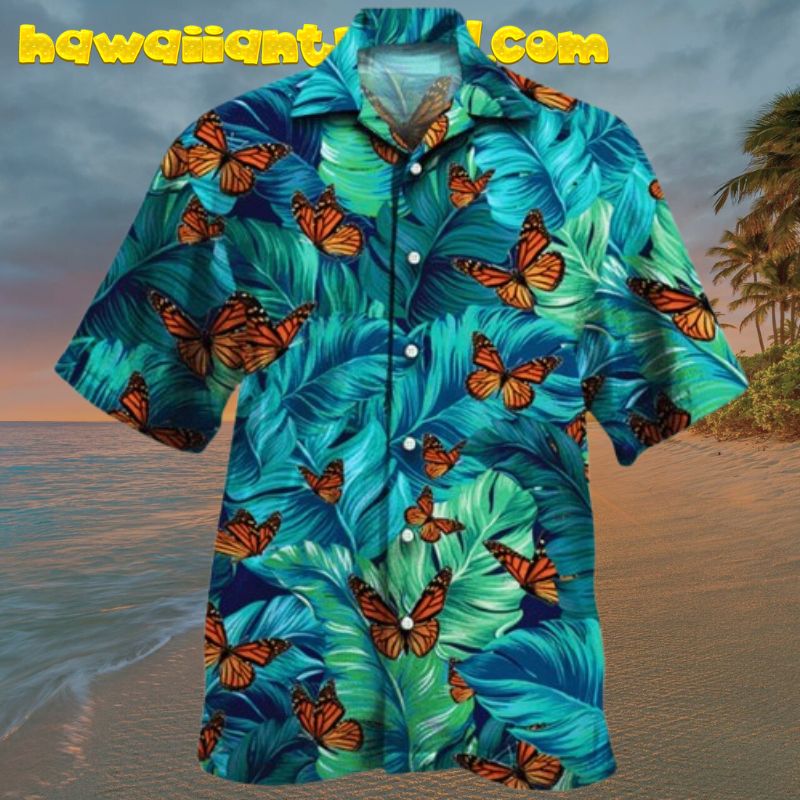 Tropical Leaf Orange Butterfly Lovers Summer Hawaiian Shirt