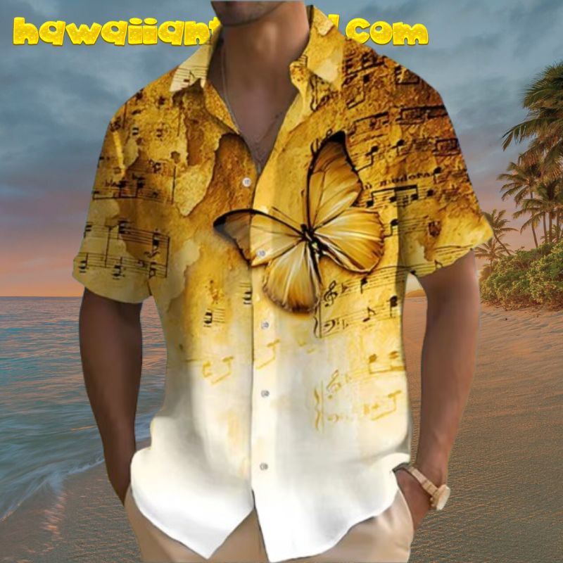 Yellow Butterfly Pattern Printing Musical Note Hawaiian Shirt