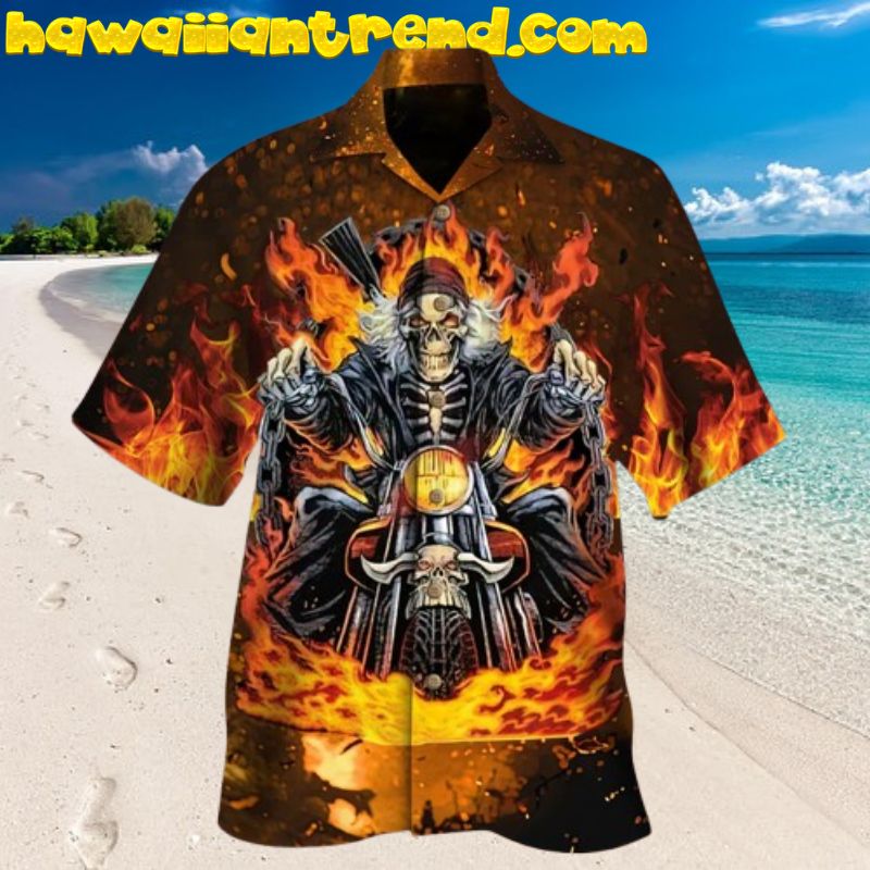 Biker Skull On Fire Horror Halloween Hawaiian Shirt
