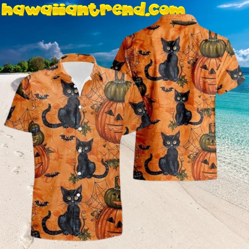 Black Cat Pumpkin Halloween Hawaiian Shirts for Men