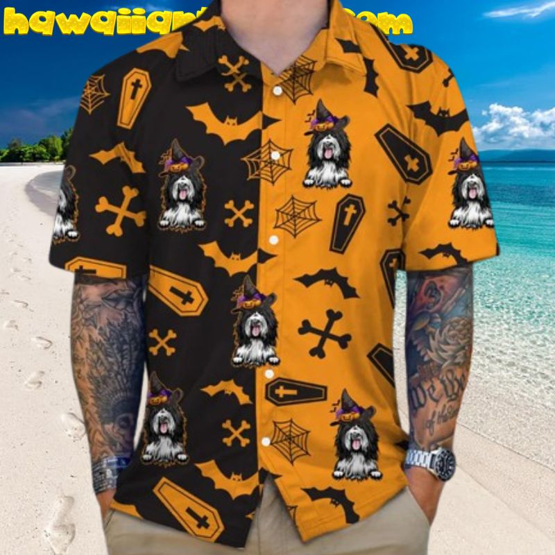 Dog Halloween Pattern Black And Orange Man’s Hawaiian Shirt