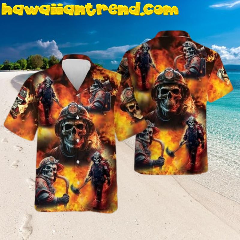 Firefighter Skull Horror Halloween Hawaiian Shirt for Men
