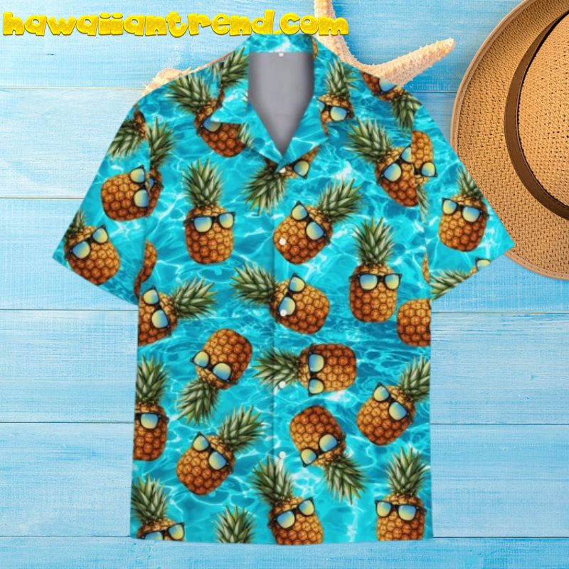 Funny Sunglasses Pineapple On Blue Sea Hawaiian Shirt