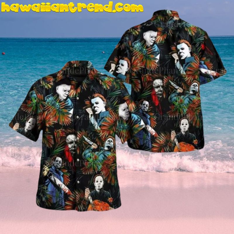 Halloween Michael Myers Tropical Palm Leaves Faded Hawaiian Shirt