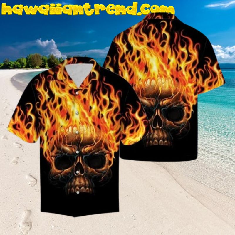Hell Flame Metal Skull Head In Black Horror Halloween Hawaiian Shirt