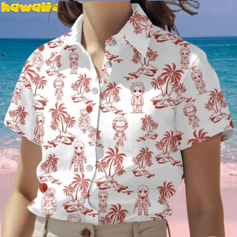 Horror Characters Michael Myers Jason Voorhees Chucky Doll Red Pattern Hawaiian Shirt