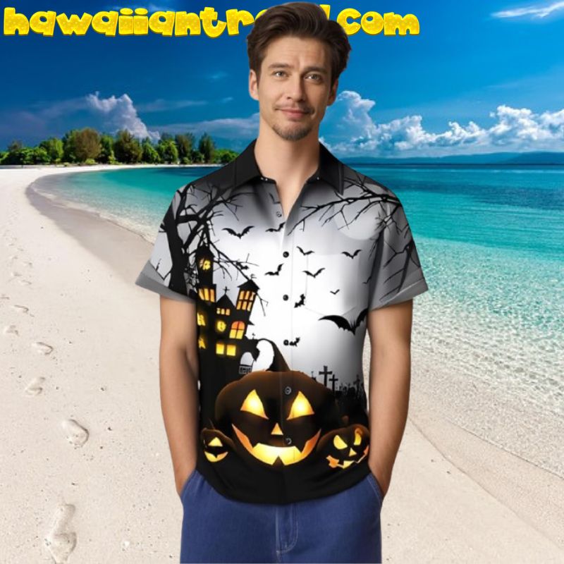 Horror Pumpkin And Bats Halloween Horror Short Sleeve Casual Hawaiian Shirt