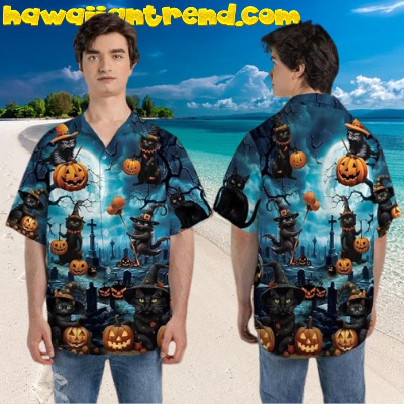 Men’s Halloween Witch Black Cat Horror Hawaiian Shirt