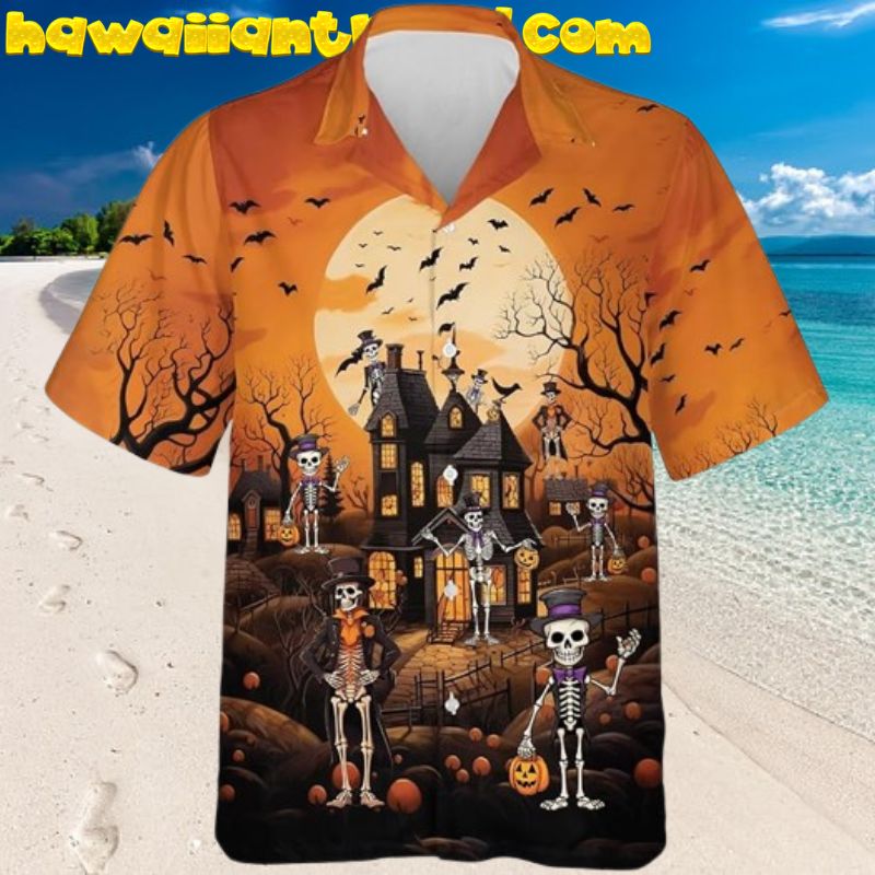 Mid-Night Skeleton Pumpkin Funny Halloween Hawaiian Shirt