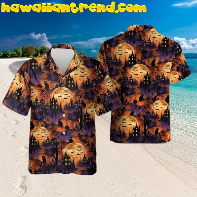 Monster at Castle Ghost Horror Halloween Hawaiian Shirts for Men