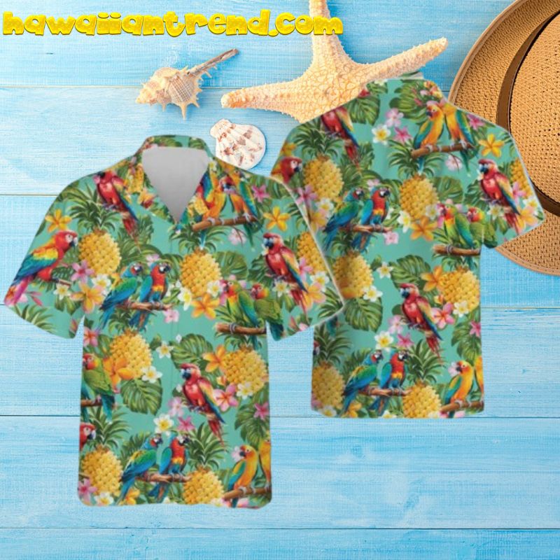 Parrots And Pineapple Tropical Plants Summer Beach Hawaiian Shirt