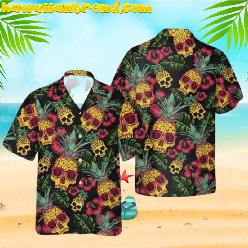 Pineapple Skull Horror Hibicus Tropical Black Summer Hawaiian Shirt