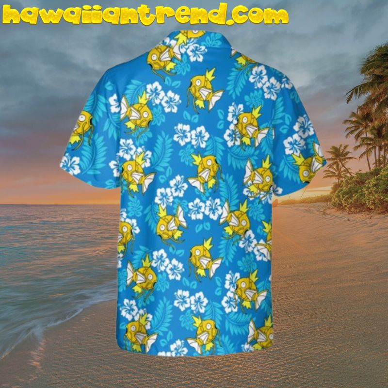 Pokemon Magikarp With Tropical Hibicus Flower Blue Hawaiian Shirt