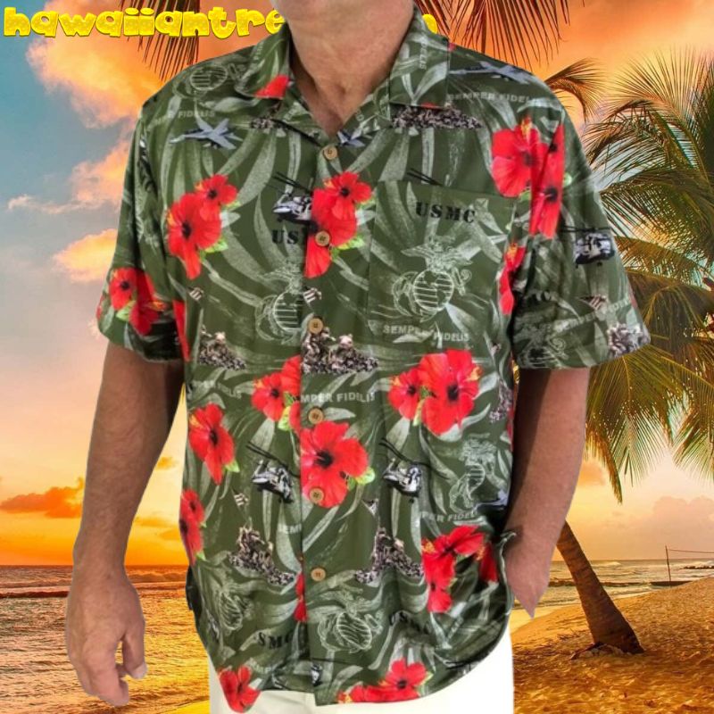 United States Marine Corps Semper Fi Red Hibicus Hawaiian Shirt